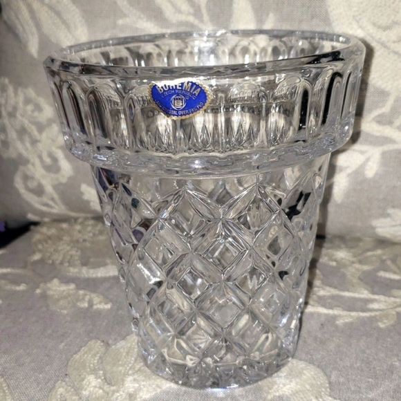 VTG Bohemia Flower Pot Planter Lattice Lead Crystal Czech Republic Glass - Picture 1 of 7